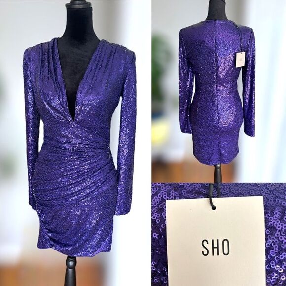 SHO BY TADASHI SHOJI Long Sleeve Sequin Cocktail Mini Dress Size XS - Picture 1 of 16